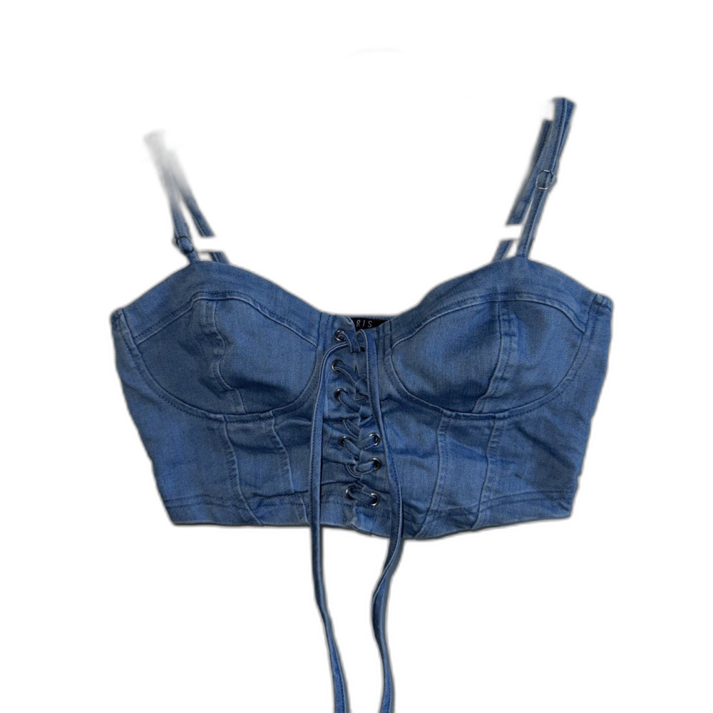 IRIS Denim Corset Top Bustier Lace Up Blue Cropped Camisole Size S Small